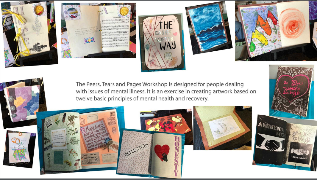 Image description: examples of books created at the Peers, Tears and Pages workshops   Image credit: Jesse Sanchez and Brian Karas presentation on Peers, Tears, and Pages Book making for mental health recovery program 