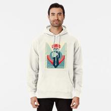 Person in a white hoodie with Shepard Fairey's artwork on the front