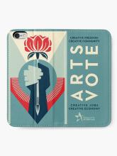 A phone case, opened so you can see how Shepard Fairey's artwork spans the entire case